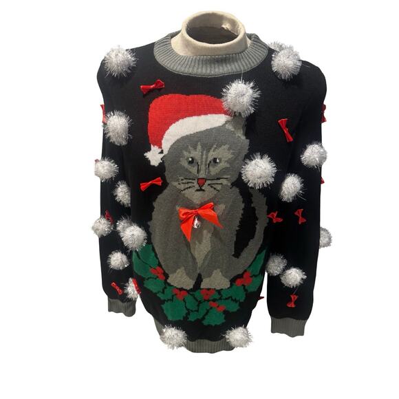 “Tipsy Elves Cat Ugly Christmas Sweater Pom Poms Santa Hat Jingle Bell M” - Picture 1 of 4